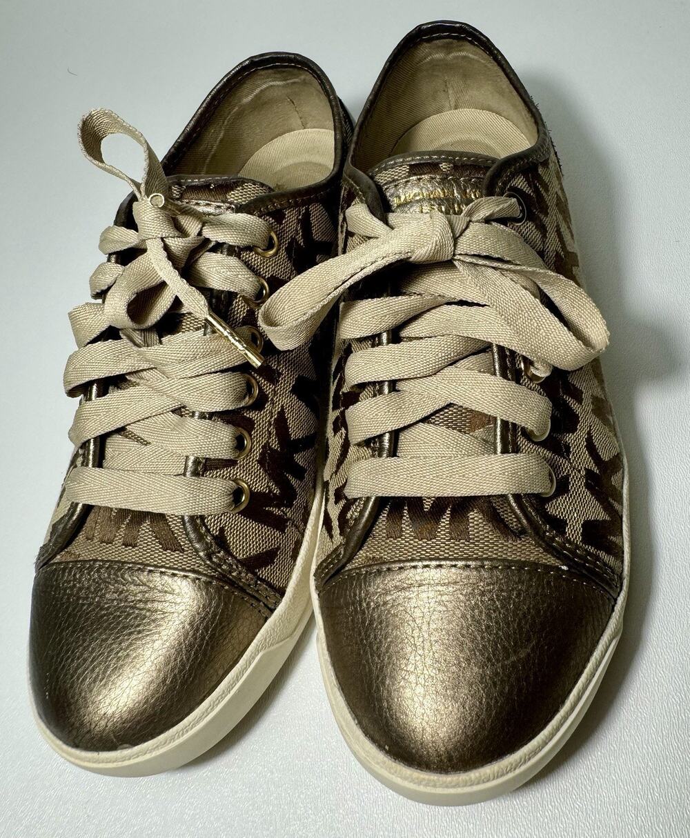 Michael Kors MK City Sneaker Signature Jacquard Gold Size 7M 40F1MCFS2Y